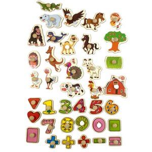 Preschool Wooden‎ Puzzle Piece with Knobs Lot of 38 Crafting DIY Decor Tactile